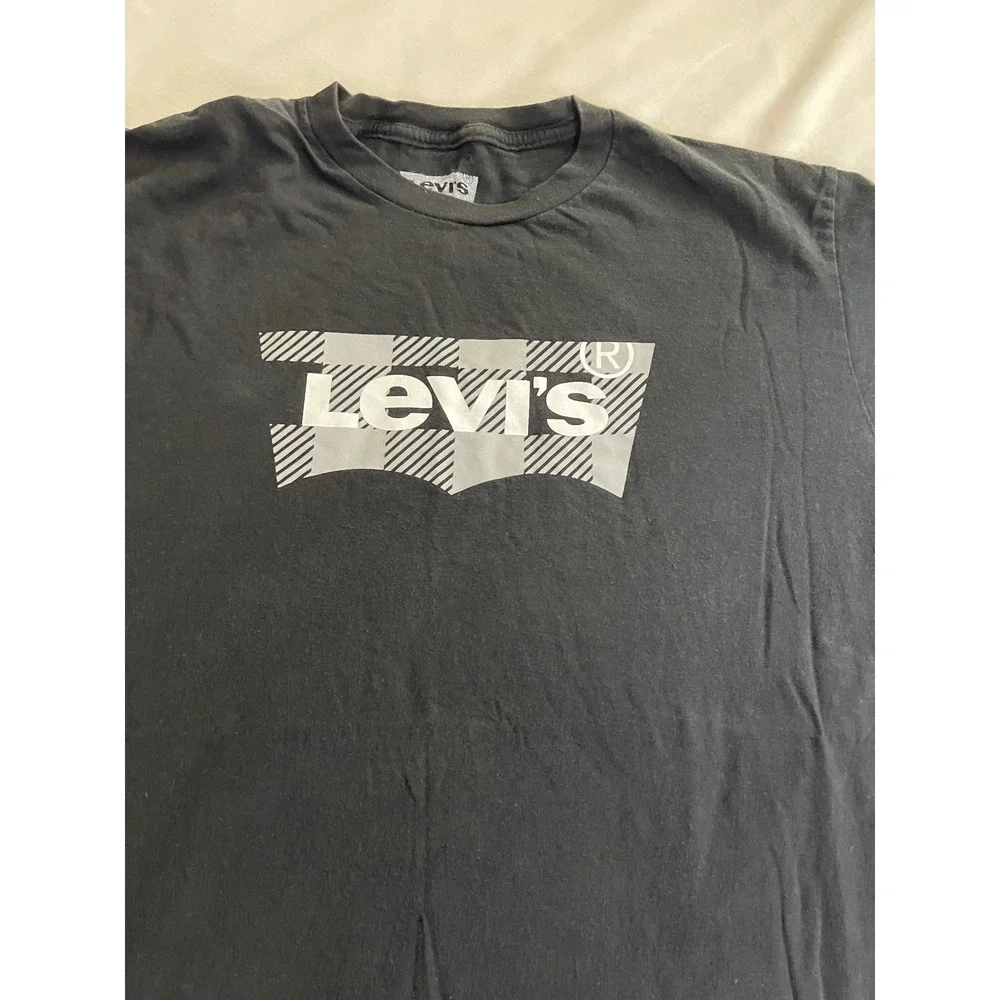 Levis Mens Graphic T-Shirt Faded Black Checkered Batwing Logo Cotton Large